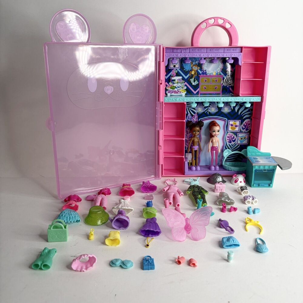 Polly Pocket Stylin' Safari Playset Fashion Closet Storage Case 3" Dolls W/ Accs